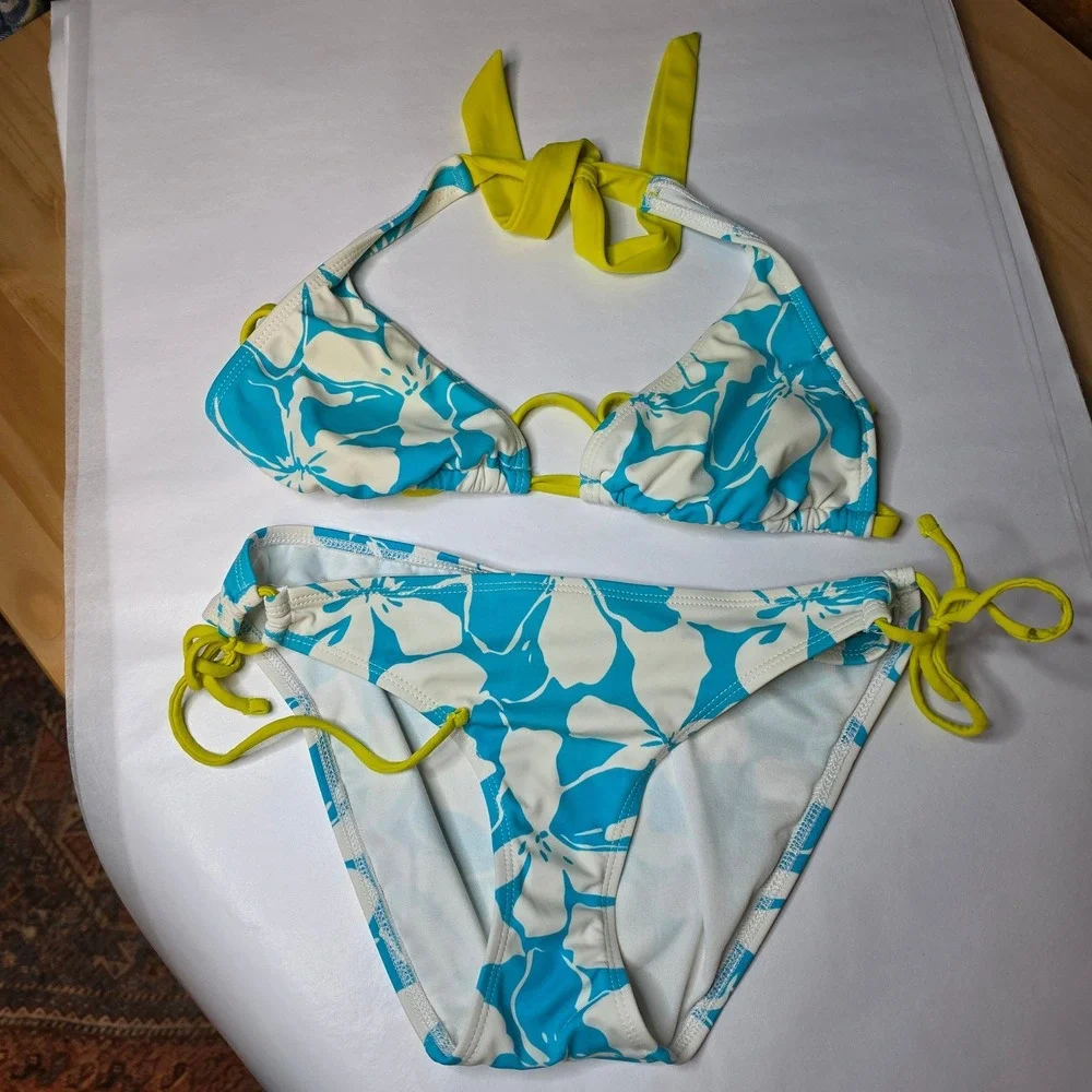 Athleta Bikini Set Medium Blue Floral Tropical Hibiscus Y2K Coastal Swim Suit - Picture 1 of 7